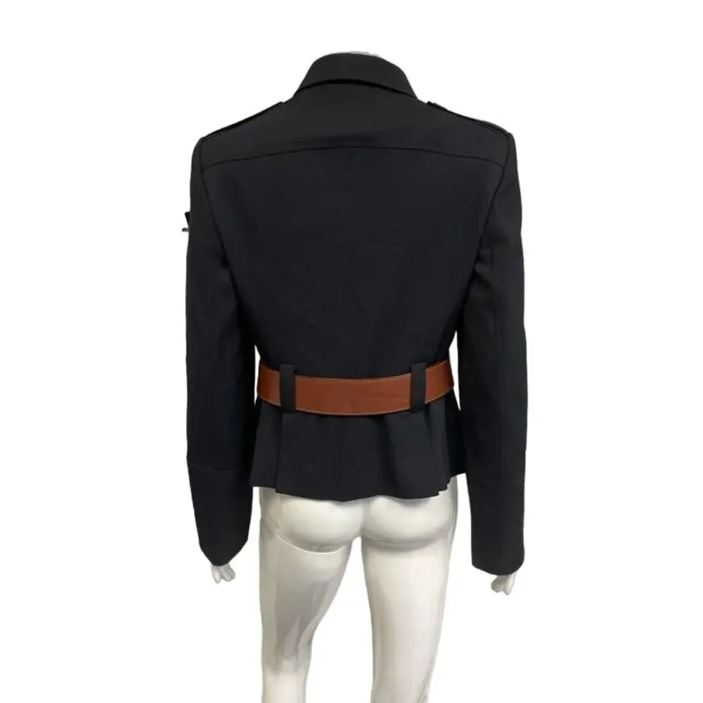 BURBERRY LONDON Blue Navy Collared Brown Leather Belted Jacket Blazer US 8 - Picture 2 of 5